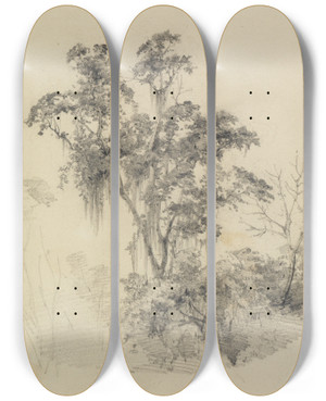 Triptych art skateboard deck of Ferdinand Keller Baumstudie Im Urwald by Ferdinand Keller (1842-1922)