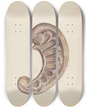 Triptych art skateboard deck of Harry King Wood Carving Scroll by Harry King