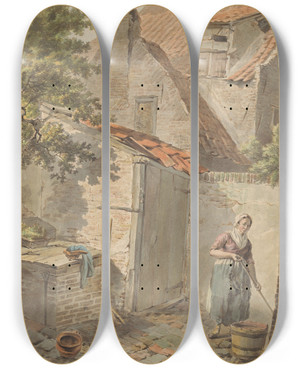 Triptych art skateboard deck of Carel Lodewijk Hansen Binnenplaats Met Een Dienstmeid Die Schoonmaakt by Carel Lodewijk Hansen (1765-1840)