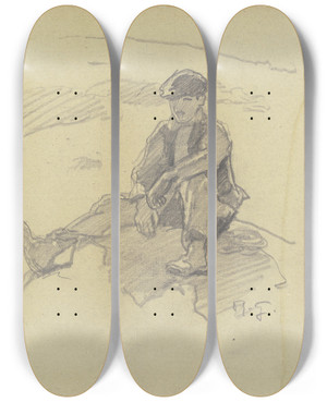 Triptych art skateboard deck of Rudolf Gudden Sitting Shepherd by Rudolf Gudden (1863-1935)