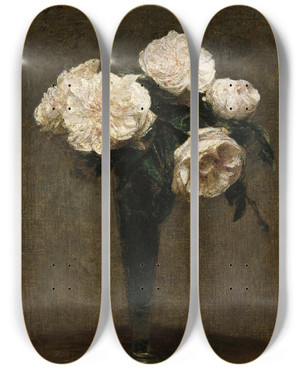 Triptych art skateboard deck of Henri Fantinlatour Roses In A Vase_2 by Henri Fantin-Latour (1836-1904)