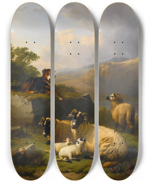 Triptych art skateboard deck of Eugne Joseph Verboeckhoven The Guardian Of The Flock by Eugene Joseph Verboeckhoven (1798-1881)