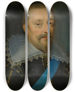 Triptych art skateboard deck of Claude Druet Portrait Of A Man With Blue Sash by Claude Deruet (1588-1660)