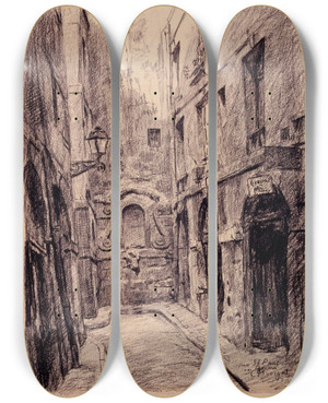 Triptych art skateboard deck of Camille Bourget La Rue Saintpaul Rue Eginhard by Camille Bourget (1861-1924)