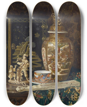Triptych art skateboard deck of Ernst Czernotzky Stillleben Mit Chinesischen Ziergegenstnden by Ernst Czernotzky (1869-1939)