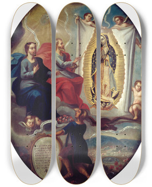 Triptych art skateboard deck of Joaqun Villegas The Eternal Father Painting The Virgin Of Guadalupe by Joaquin Villegas (1713-1753)