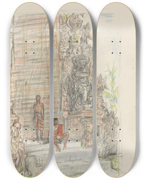 Triptych art skateboard deck of Marius Bauer Figuren Op Een Tempeltrap_2 by Marius Bauer (1867-1932)