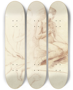 Triptych art skateboard deck of Hans Von Mares Weiblicher Sitzender Akt Daneben Bein Und Armstudien by Hans Von Marees (1837-1887)