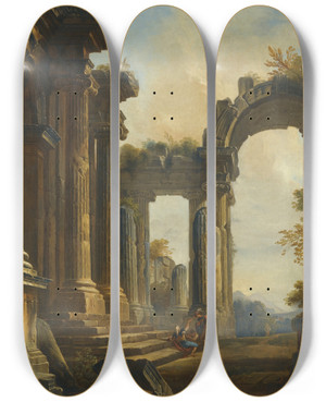 Triptych art skateboard deck of Giovanni Niccol Servandoni A Capriccio Of Classical Ruins With Three Men Conversing At The Steps Of A Temple by Giovanni Niccolo Servandoni (1695-1766)