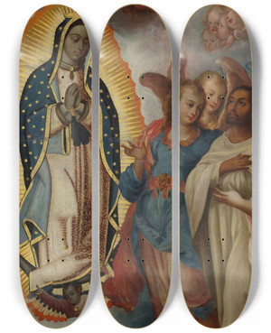 Triptych art skateboard deck of Mexican School Virgen De Guadalupe Con Juan Diego by Mexican School