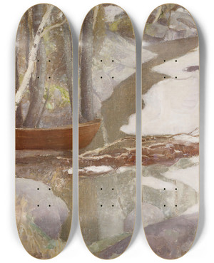 Triptych art skateboard deck of Pekka Halonen Spring Landscape by Pekka Halonen (1865-1933)