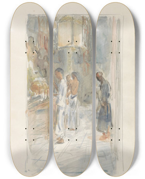 Triptych art skateboard deck of Marius Bauer Mannen Die Kaarsen Branden Bij Een Altaar by Marius Bauer (1867-1932)