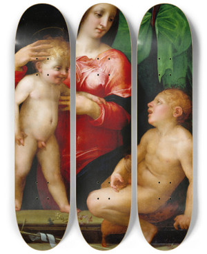 Triptych art skateboard deck of Rosso Fiorentino Madonna And Child With The Infant St John by Rosso Fiorentino (1494-1540)