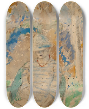 Triptych art skateboard deck of Frederick Carl Frieseke Reading In The Garden by Frederick Carl Frieseke (1874-1939)