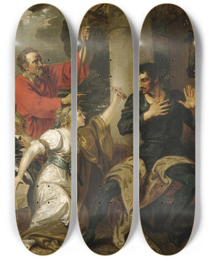 Triptych art skateboard deck of Benjamin West The Damsel And Orlando by Benjamin West (1738-1820)