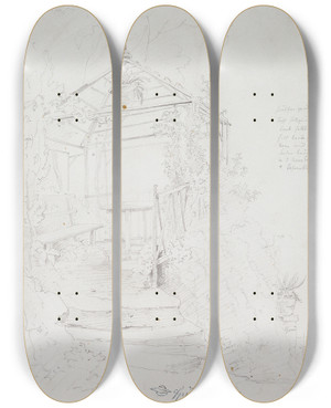 Triptych art skateboard deck of Carl Spitzweg Summer House In Meran by Carl Spitzweg (1808-1880)