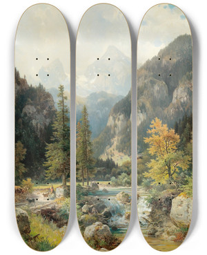 Triptych art skateboard deck of Ludwig Sckell Scene Near Berchtesgaden With Watzmann by Ludwig Sckell (1833-1912)
