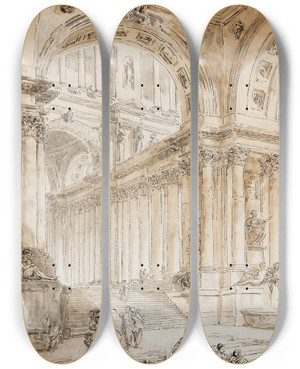Triptych art skateboard deck of Hubert Robert Architectural Composition With Portico by Hubert Robert (1733-1808)
