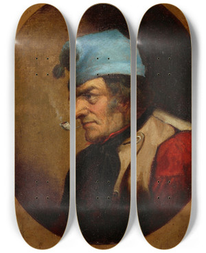 Triptych art skateboard deck of Cornelius David Krieghoff Habitant With Blue Tuque And Pipe by Cornelius David Krieghoff (1815-1872)