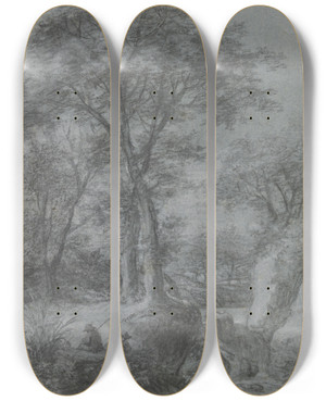 Triptych art skateboard deck of Antonie Waterloo Wasserfall Unter Bumen Links Zwei Figuren by Antonie Waterloo (1609-1690)