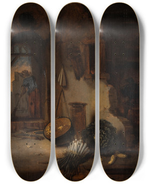 Triptych art skateboard deck of Willem Kalf Kitchen Interior With Woman Sweeping by Willem Kalf (1619-1693)