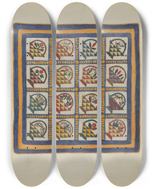 Triptych art skateboard deck of Arlene Perkins Coverlet by Arlene Perkins