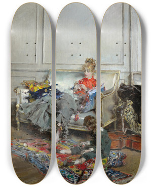 Triptych art skateboard deck of Giovanni Boldini Young Woman Crocheting by Giovanni Boldini (1842-1931)