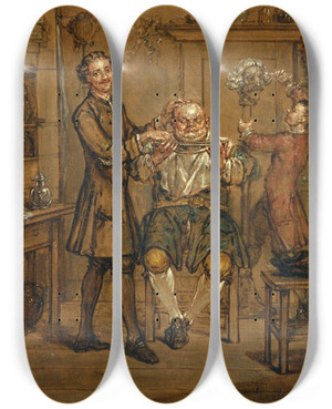 Triptych art skateboard deck of Marcellus Laroon The Younger The Barber by Marcellus Laroon The Younger (1679-1772)