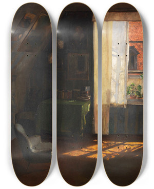 Triptych art skateboard deck of Wilhelm Roegge Im Atelier by Wilhelm Roegge (1829-1908)