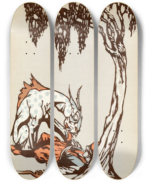 Triptych art skateboard deck of Willy Pogany Fortyfour Turkish Fairy Tales Pl 41 by Willy Pogany (1882-1955)