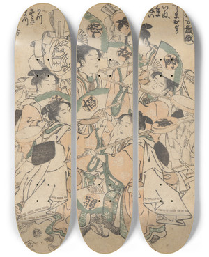 Triptych art skateboard deck of Katsukawa Shunzan The Niwaka Performance by Katsukawa Shunzan (1782-1798)