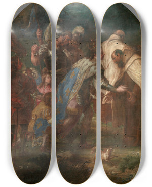 Triptych art skateboard deck of Lucas Franchoys The Younger Saint Louis Ix King Of France Receives Pierre De Corbie by Lucas Franchoys The Younger (1616-1681)