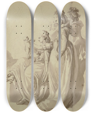 Triptych art skateboard deck of Johann Eleazar Schenau Family Group The Mother Sits Next To Three Standing Figures Holding A Naked Child On Her Knee by Johann Eleazar Schenau (1737-1806)