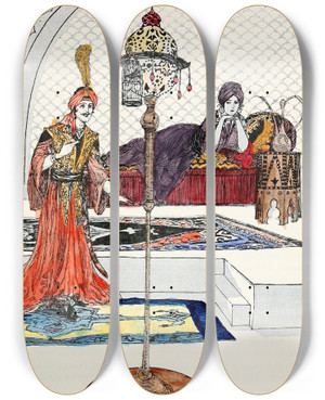 Triptych art skateboard deck of Willy Pogany Fortyfour Turkish Fairy Tales Pl 09 by Willy Pogany (1882-1955)