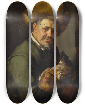 Triptych art skateboard deck of Hendrick Bloemaert Old Man With A Hen by Hendrick Bloemaert (1601-1672)