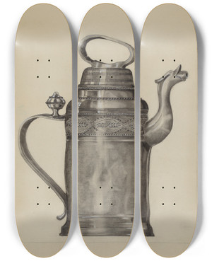 Triptych art skateboard deck of A Zimet Pewter Pitcher by A Zimet