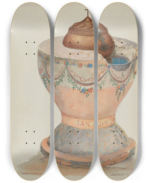 Triptych art skateboard deck of Howard H Sherman Baptismal Font At San Luis Rey Mission Church by Howard H Sherman