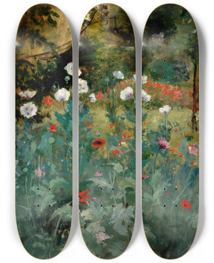 Triptych art skateboard deck of Eliphalet Fraser Andrews Poppies by Eliphalet Fraser Andrews (1835-1915)
