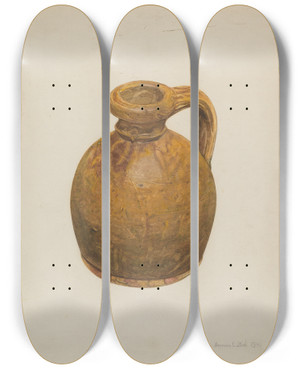 Triptych art skateboard deck of Herman O Stroh Yellow Stoneware Jug by Herman O Stroh