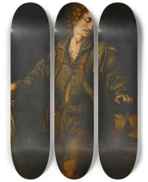 Triptych art skateboard deck of North Italian School David With The Head Of Goliath by North Italian School