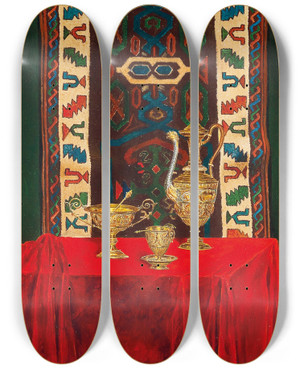 Triptych art skateboard deck of Max Schdl Still Life With Decorative Objects by Max Schodl (1834-1921)