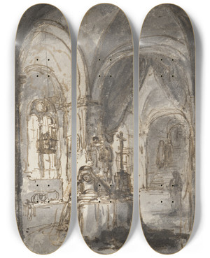 Triptych art skateboard deck of Ferdinand Bol Eine Nonne Sitzt In Einer Kirche Am Altar by Ferdinand Bol (1616-1680)