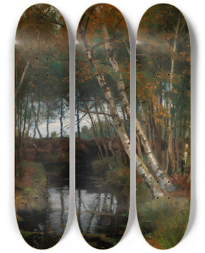 Triptych art skateboard deck of Hugo Darnaut A Landscape With Stream And Birches by Hugo Darnaut (1850-1937)