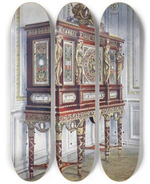 Triptych art skateboard deck of Edwin Foley Jewel Cabinet Of Queen Marie Antoinette Of Mahogany Gilt Inlaid Carved And With Painted Plaques by Edwin Foley (1859-1912)