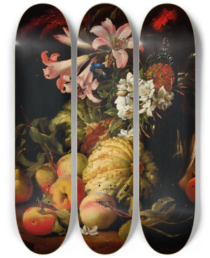 Triptych art skateboard deck of Abraham Brueghel Lilies And Other Flowers In A Glass Vase With Peaches And Melons by Abraham Brueghel (1631-1697)