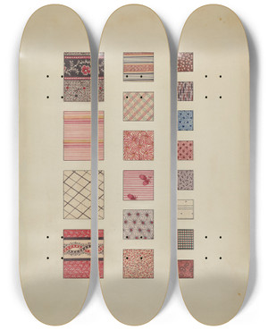 Triptych art skateboard deck of Martha Reed Printed Cottons by Martha Reed