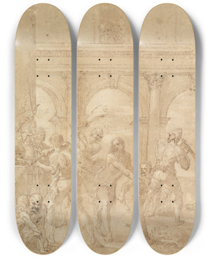 Triptych art skateboard deck of Aureliano Milani Scourging Of Christ by Aureliano Milani (1675-1749)