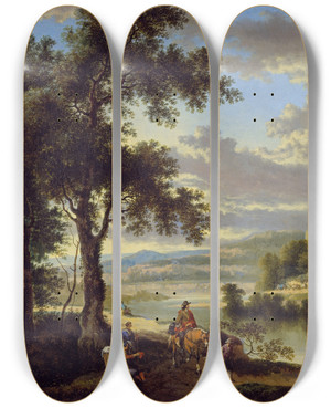 Triptych art skateboard deck of Jan Hackaert The Wooded Banks Of A River by Jan Hackaert (1629-1700)