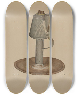 Triptych art skateboard deck of Leroy Griffith Camphene Lamp by Leroy Griffith