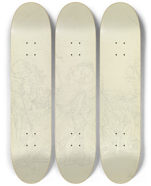 Triptych art skateboard deck of Julius Schnorr Von Carolsfeld Jacob And Rachel_3 by Julius Schnorr Von Carolsfeld (1794-1872)